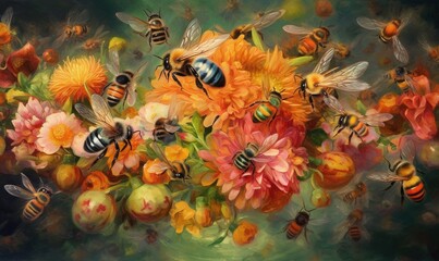  a painting of a bunch of bees flying over a bouquet of flowers and bees on a flower stem with other bees in the background and on a green background.  generative ai