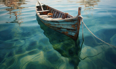  a small boat floating on top of a lake next to a shore covered in green algae and a rope tied to the front of the boat.  generative ai