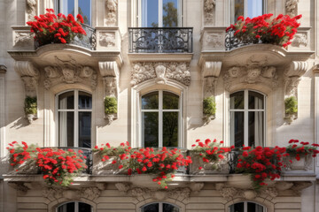 Fototapeta na wymiar Façade d'un immeuble parisien, de type Haussmannien avec des balcons fleuris de géraniums rouges et des buis