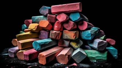 A small pile of colored chalk on a black background, generative AI