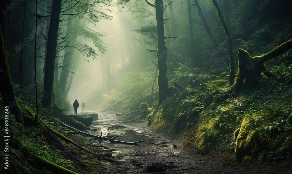 Poster a person standing on a path in a forest with fog and sunlight streaming through the trees and mossy 