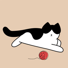 Black-and-white cat with a  red ball vector