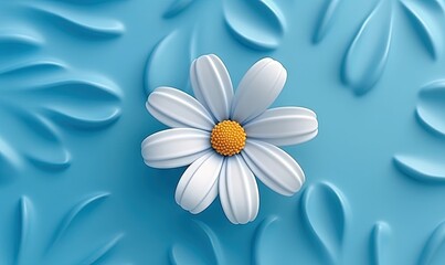  a white flower with a yellow center on a blue background with water droplets and leaves in the bottom right corner of the picture, with a yellow center on top of the.  generative ai