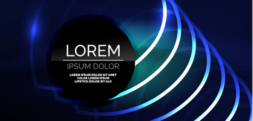 Neon laser lines, circles waves abstract background. Neon light or laser show, electric impulse, power lines, techno quantum energy impulse, magic glowing dynamic lines