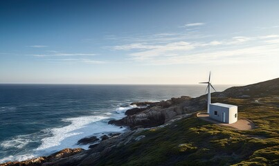  a wind turbine on top of a hill next to the ocean with a house on top of the hill with a wind turbine on top of it.  generative ai