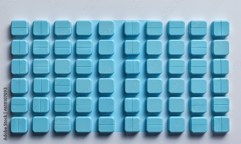 Poster a group of blue squares on a white surface with a white background and a white wall in the middle of