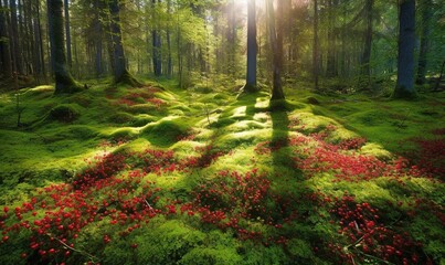 Obraz premium the sun shines through the trees in a forest filled with green grass and red flowers on the ground and in the foreground is a bed of red flowers. generative ai