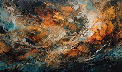  an abstract painting with a lot of different colors and shapes on it's surface, with a black background and a blue, orange, yellow, white, and green and black design.  generative ai