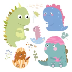 Fotobehang Set of little and cute dino with plants and spots. Kids vector illustration. © Юлия Ткачук