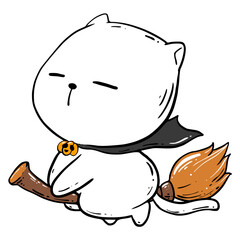 white cat riding a broom