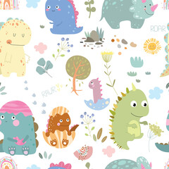 Seamless pattern with dino and many different plants, berry, clouds and sun. Vector illustration on white background.