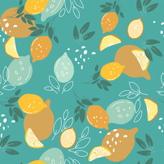 Seamless patterns with  shapes, leaves, lemons of yellow and blue colors. Vector illustration.	