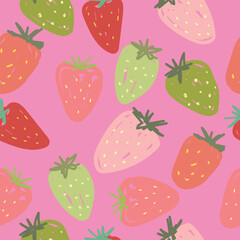 Strawberries pattern, colorful seamless vector pattern with cute hand drawn summer berries, seasonal dessert, pink and red fruit, good as fabric print, colored cartoon illustrations	