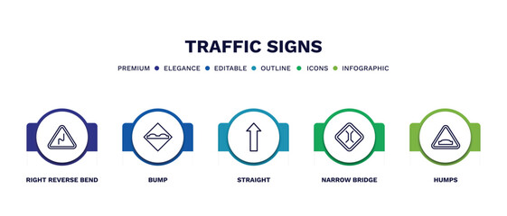 set of traffic signs thin line icons. traffic signs outline icons with infographic template. linear icons such as right reverse bend, bump, straight, narrow bridge, humps vector.