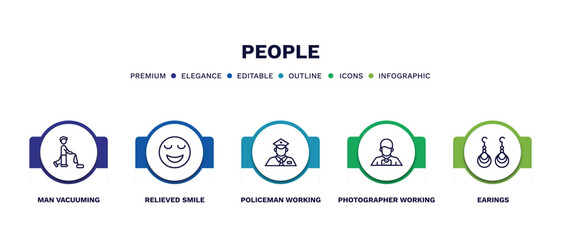 set of people thin line icons. people outline icons with infographic template. linear icons such as man vacuuming, relieved smile, policeman working, photographer working, earings vector.