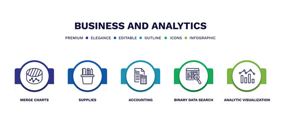 set of business and analytics thin line icons. business and analytics outline icons with infographic template. linear icons such as merge charts, supplies, accounting, binary data search, analytic
