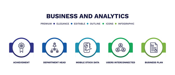 set of business and analytics thin line icons. business and analytics outline icons with infographic template. linear icons such as achievement, department head, mobile stock data, users