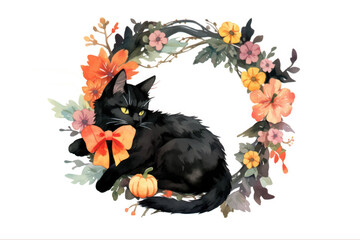 Halloween banner with tradition symbols. Pumpkins and black cat illustration.