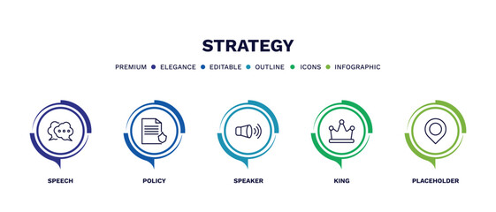 set of strategy thin line icons. strategy outline icons with infographic template. linear icons such as speech, policy, speaker, king, placeholder vector.