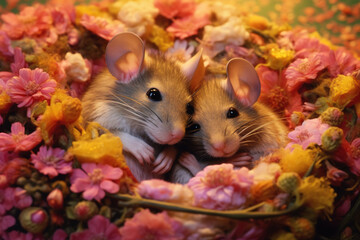 Mouse couple in love sleeps between flowers. Generative AI.