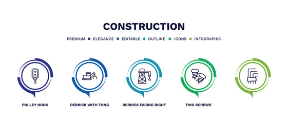 set of construction thin line icons. construction outline icons with infographic template. linear icons such as pulley hook, derrick with tong, derrick facing right, two screws, vector.