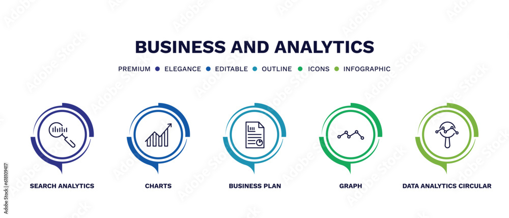 Sticker set of business and analytics thin line icons. business and analytics outline icons with infographic