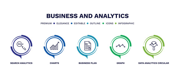 set of business and analytics thin line icons. business and analytics outline icons with infographic template. linear icons such as search analytics, charts, business plan, graph, data circular