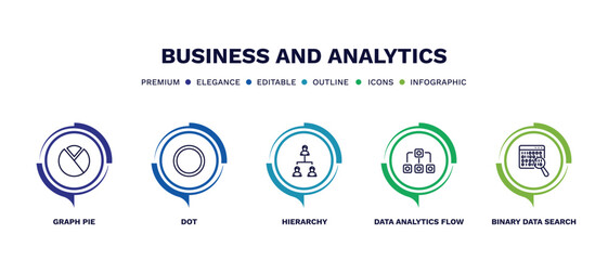 set of business and analytics thin line icons. business and analytics outline icons with infographic template. linear icons such as graph pie, dot, hierarchy, data analytics flow, binary data search