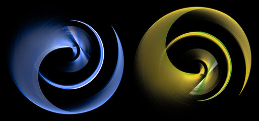 Blue and yellow arcuate striped planes are layered and rotate on a black background. Set. Icon, logo, symbol, sign. 3D rendering. 3D illustration. © Svetlana