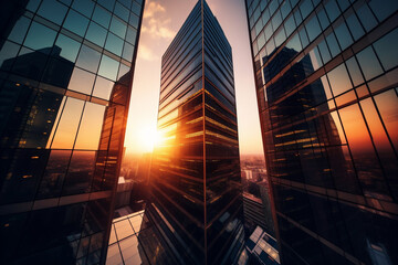 Sunset reflected off modern glass facades of skyscrapers in the financial center of the city