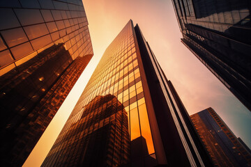 Sunset reflected off modern glass facades of skyscrapers in the financial center of the city