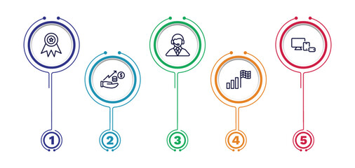 set of strategy thin line icons. strategy outline icons with infographic template. linear icons such as winner, customer support, responsive, investment, racing vector.