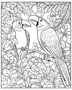 Vector hand drawn cute parrots in jungle outline illustration. Coloring page for kids and adults. Print design, t-shirt design, tattoo design, mural art, line art.