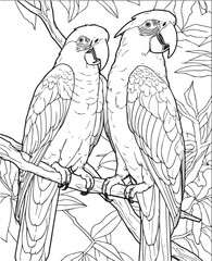 Vector hand drawn cute parrots in jungle outline illustration. Coloring page for kids and adults. Print design, t-shirt design, tattoo design, mural art, line art. © Maria designs