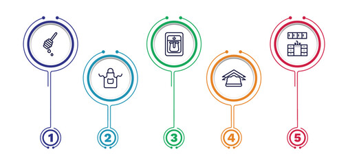 set of kitchen thin line icons. kitchen outline icons with infographic template. linear icons such as honey dipper, coffee maker, kitchen cabinet, apron, napkin vector.