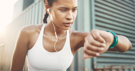 Smart watch, tired or woman with time for fitness progress, heart rate or goal for running training exercise. City, athlete or sports girl reading timer for workout performance stats or wellness info