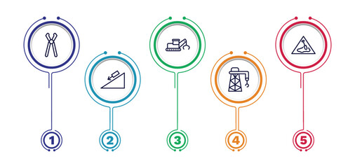 set of construction thin line icons. construction outline icons with infographic template. linear icons such as inclined clippers, derrick with tong, working, inclined, derrick facing right vector.