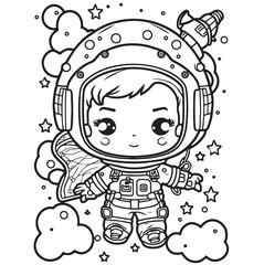Vector hand drawn cute astronaut in space outline illustration. Coloring page for kids and adults. Print design, t-shirt design, tattoo design, mural art, line art.