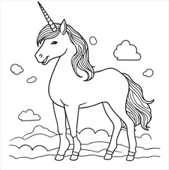 Naklejka na ściany i meble Vector hand drawn cute unicorn outline illustration. Coloring page for kids and adults. Print design, t-shirt design, tattoo design, mural art, line art.