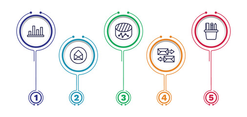 set of business and analytics thin line icons. business and analytics outline icons with infographic template. linear icons such as bar stats, merge charts, supplies, business card, correspondence