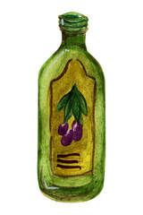 Olive oil in green bottle. Watercolor painting, hand draw