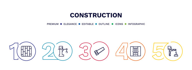 Fototapeta na wymiar set of construction thin line icons. construction outline icons with infographic template. linear icons such as , big derrick with boxes, wood saw, big clo, constructions vector.