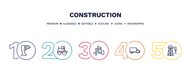 Naklejka premium set of construction thin line icons. construction outline icons with infographic template. linear icons such as electric drill, , adjusment system, truck with freight, derrick facing right vector.