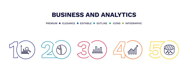 set of business and analytics thin line icons. business and analytics outline icons with infographic template. linear icons such as bars chart analysis, circular chart, bar stats, charts, merge