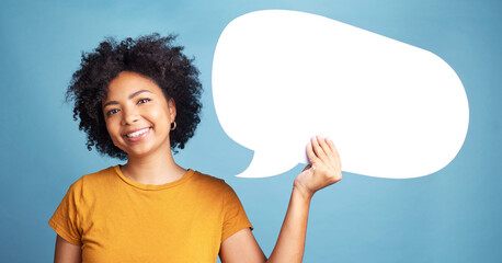Speech bubble, communication portrait and woman chat, social media opinion and college talk, news or voice forum. Face of student or African person with FAQ mockup and quote sign on a blue background - obrazy, fototapety, plakaty