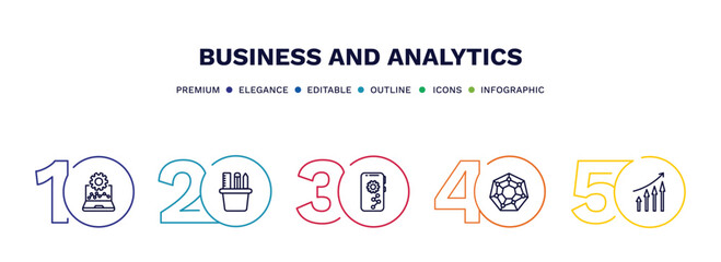 set of business and analytics thin line icons. business and analytics outline icons with infographic template. linear icons such as laptop with analysis, supplies, mobile analytics, radar chart,