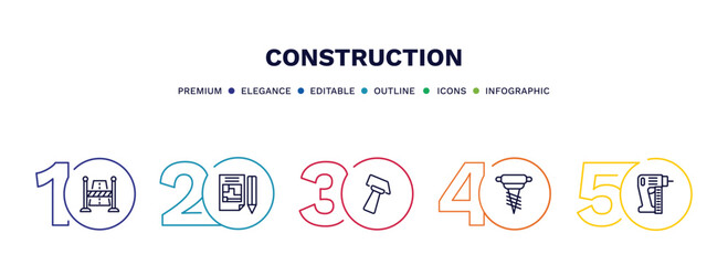 Fototapeta na wymiar set of construction thin line icons. construction outline icons with infographic template. linear icons such as road stopper, , inclined hammer, pickaxes drilling,
