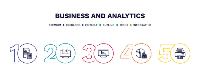set of business and analytics thin line icons. business and analytics outline icons with infographic template. linear icons such as accounting, online payment, bars graphic on screen, debt, paper