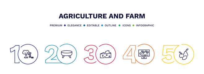 Naklejka premium set of agriculture and farm thin line icons. agriculture and farm outline icons with infographic template. linear icons such as self-sufficient, trough, cheese, smart farm, fruit vector.