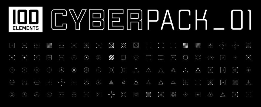 Cyberpunk style design elements set. Square, triangle, circle, and rhombus targets, aims, sights, and crosshairs. A pack of futuristic aims. A vector collection of futuristic cyberpunk design elements